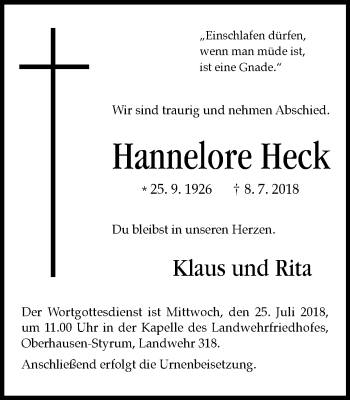 Traueranzeige von Hannelore Heck von Wochen-Anzeiger Oberhausen
