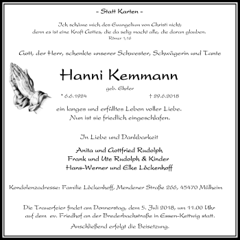 Traueranzeige von Hanni Kemmann von Kettwig Kurier