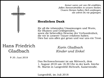 Traueranzeige von Hans Friedrich Gladbach von Wochen-Anzeiger Langenfeld/Monheim/Hilden