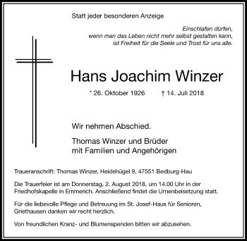 Traueranzeige von Hans Joachim Winzer von Stadtanzeiger Emmerich/Rees/Isselburg