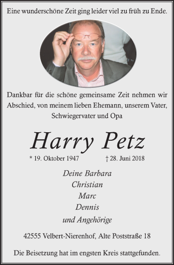 Traueranzeige von Harry Petz von Stadtanzeiger Velbert + Heiligenhaus