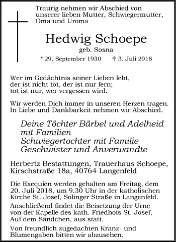 Traueranzeige von Hedwig Schoepe von Wochen-Anzeiger Langenfeld/Monheim/Hilden
