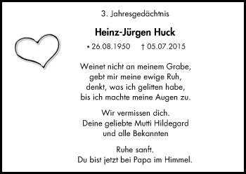 Traueranzeige von Heinz-Jürgen Huck von Wochen-Anzeiger Oberhausen