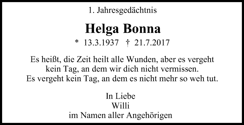  Traueranzeige für Helga Bonna vom 21.07.2018 aus Wochen-Anzeiger Oberhausen