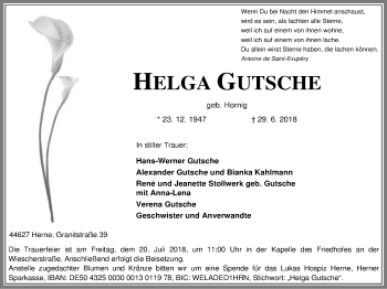 Traueranzeige von Helga Gutsche von Wochenblatt Herne/Wanne-Eickel