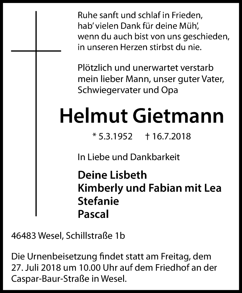  Traueranzeige für Helmut Gietmann vom 21.07.2018 aus Stadtanzeiger Emmerich/Rees/Isselburg