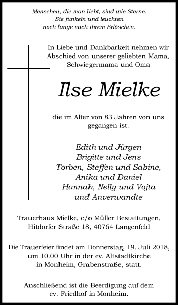 Traueranzeige von Ilse Mielke von Wochen-Anzeiger Langenfeld/Monheim/Hilden
