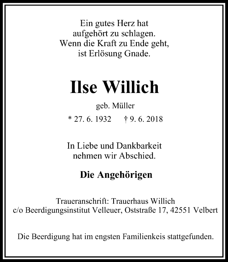  Traueranzeige für Ilse Willich vom 07.07.2018 aus Stadtanzeiger Velbert + Heiligenhaus