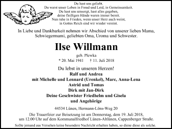 Traueranzeige von Ilse Willmann von Lüner Anzeiger