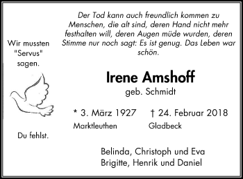 Traueranzeige von Irene Amshoff von Stadtspiegel Gladbeck