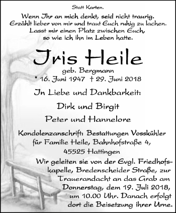 Traueranzeige von Iris Heile von Stadtspiegel Hattingen/Niedersprockhövel
