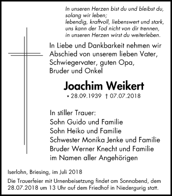 Traueranzeige von Joachim Weikert von Stadtspiegel Iserlohn + Hemer