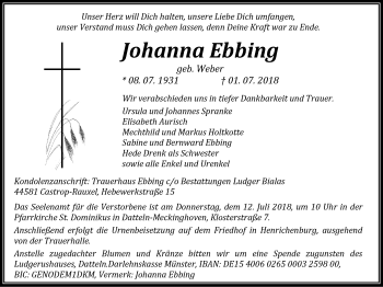 Traueranzeige von Johanna Ebbing von Stadtanz.Castrop-Rauxel