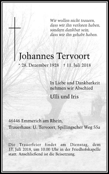 Traueranzeige von Johannes Tervoort von Stadtanzeiger Emmerich/Rees/Isselburg