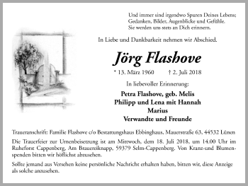 Traueranzeige von Jörg Flashove von Lüner Anzeiger