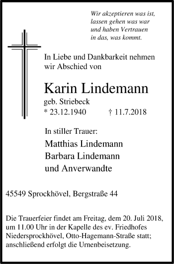 Traueranzeige von Karin Lindemann von Stadtspiegel Hattingen/Niedersprockhövel