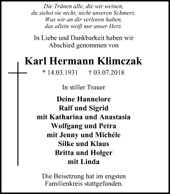Traueranzeige von Karl Hermann Klimczak von Stadtspiegel Gladbeck