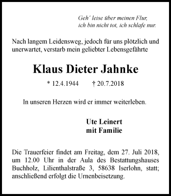 Traueranzeige von Klaus Dieter Jahnke von Stadtspiegel Iserlohn + Hemer