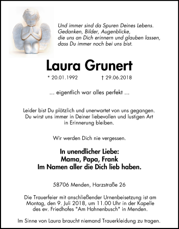 Traueranzeige von Laura Grunert von Stadtspiegel Menden + Froendenberg