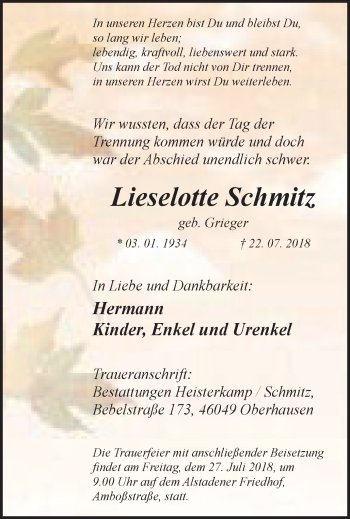 Traueranzeige von Lieselotte Schmitz von Wochen-Anzeiger Oberhausen