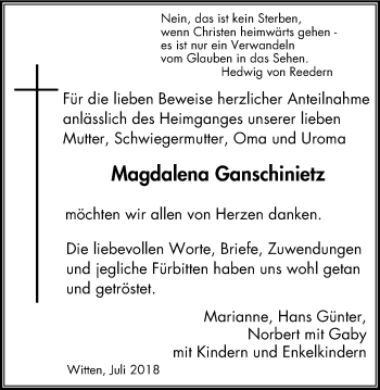 Traueranzeige von Magdalena Ganschinietz von Witten aktuell