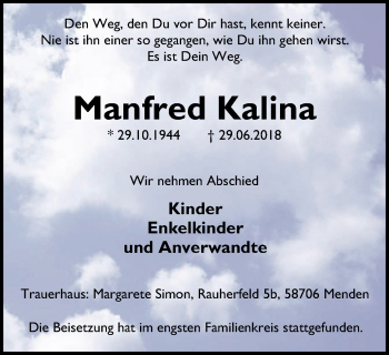 Traueranzeige von Manfred Kalina von Stadtspiegel Menden + Froendenberg