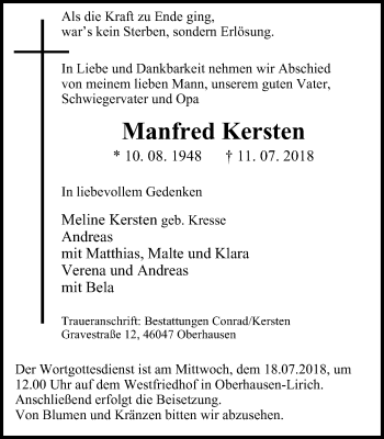 Traueranzeige von Manfred Kersten von Wochen-Anzeiger Oberhausen