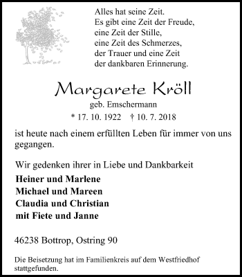 Traueranzeige von Margarete Kröll von Stadtspiegel Bottrop