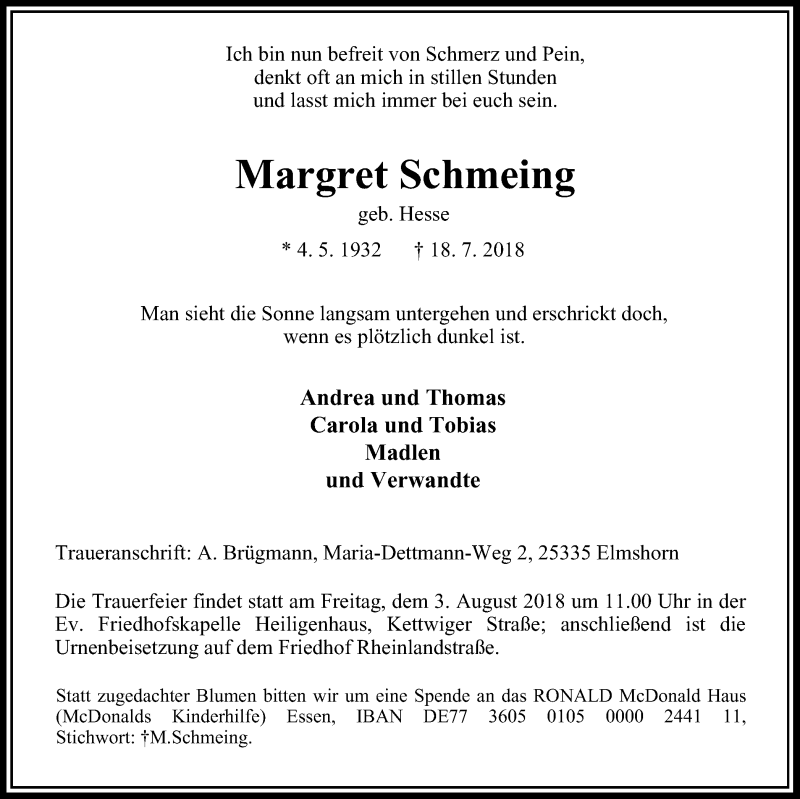  Traueranzeige für Margret Schmeing vom 28.07.2018 aus Stadtanzeiger Velbert + Heiligenhaus