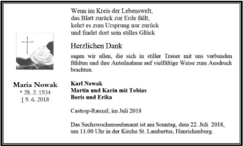 Traueranzeige von Maria Nowak von Stadtanz.Castrop-Rauxel