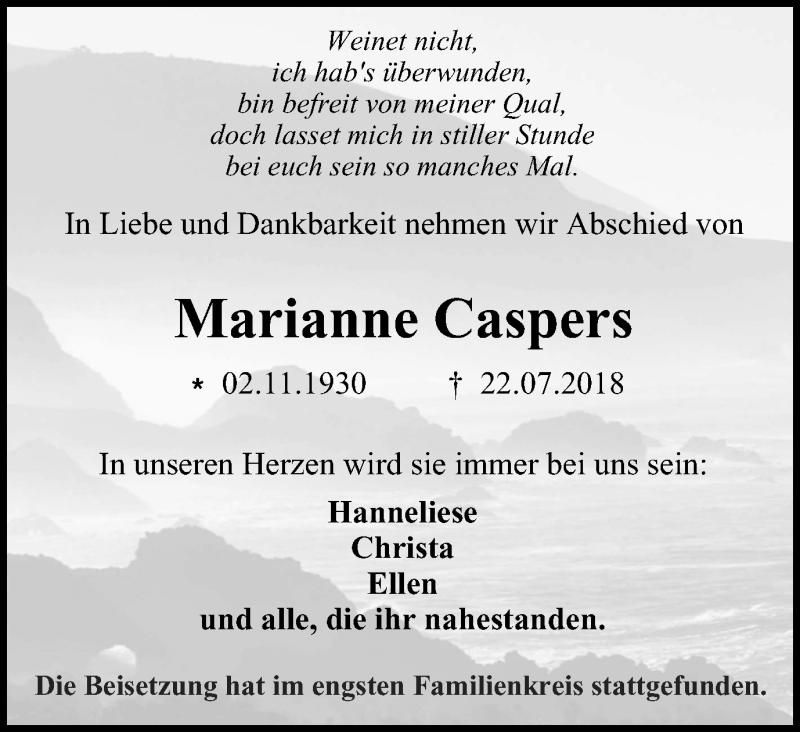  Traueranzeige für Marianne Caspers vom 28.07.2018 aus Wochen-Anzeiger Oberhausen