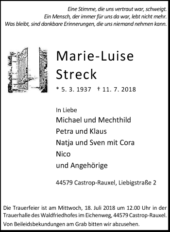 Traueranzeige von Marie-Luise Streck von Stadtanz.Castrop-Rauxel