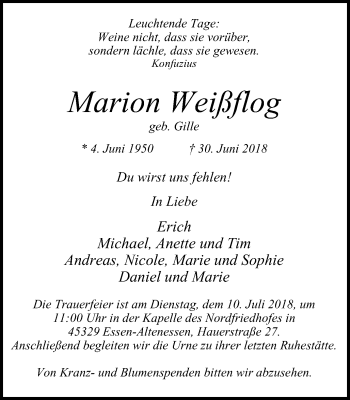 Traueranzeige von Marion Weißflog von Nord Anzeiger Essen