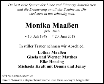 Traueranzeige von Monika Maaßen von Mülheimer Woche