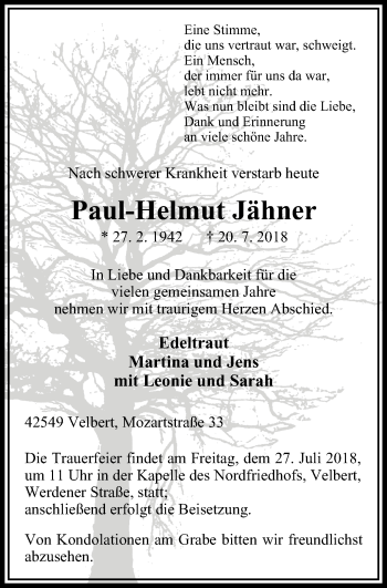 Traueranzeige von Paul-Helmut Jähner von Stadtanzeiger Velbert + Heiligenhaus