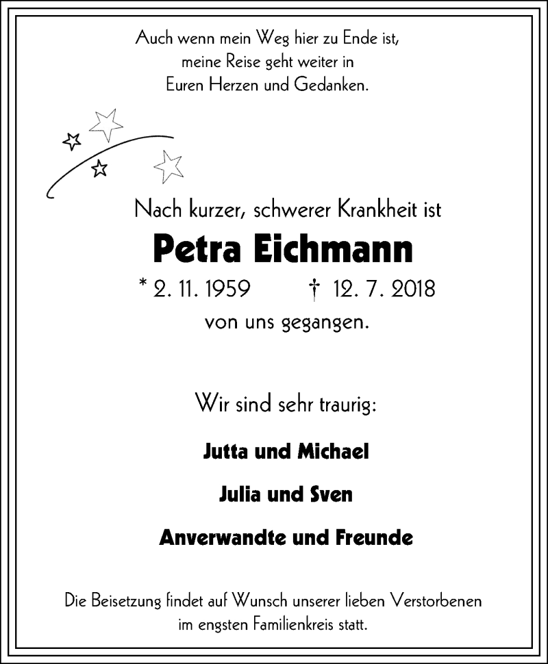  Traueranzeige für Petra Eichmann vom 18.07.2018 aus Stadtspiegel Gladbeck