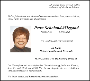 Traueranzeige von Petra Scholand-Wiegand von Stadtspiegel Menden + Froendenberg