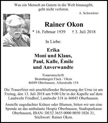 Traueranzeige von Rainer Okon von Wochen-Anzeiger Oberhausen