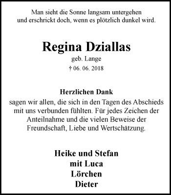 Traueranzeige von Regina Dziallas von Wochen-Anzeiger Oberhausen