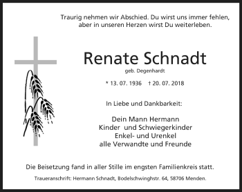 Traueranzeige von Renate Schnadt von Stadtspiegel Menden + Froendenberg