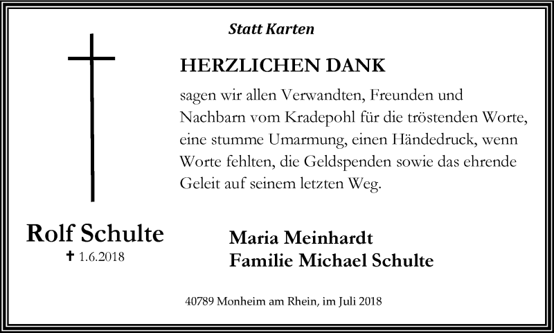  Traueranzeige für Rolf Schulte vom 07.07.2018 aus Wochen-Anzeiger Langenfeld/Monheim/Hilden