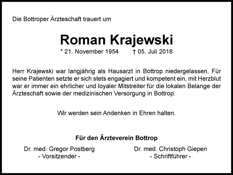  Traueranzeige für Roman Krajewski vom 21.07.2018 aus Stadtspiegel Bottrop