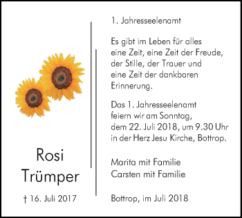 Traueranzeige von Rosi Trümper von Stadtspiegel Bottrop