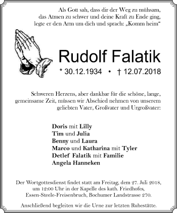Traueranzeige von Rudolf Falatik von Steeler Kurier