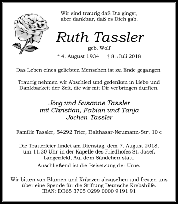 Traueranzeige von Ruth Tassler von Wochen-Anzeiger Langenfeld/Monheim/Hilden