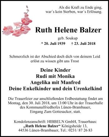Traueranzeige von Ruth Helene Balzer von Lüner Anzeiger