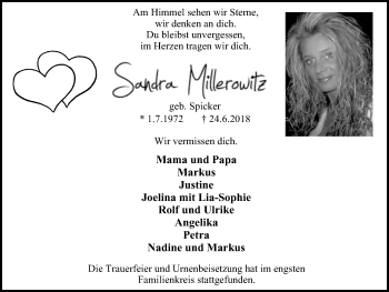 Traueranzeige von Sandra Millerowitz von Wochen-Anzeiger Oberhausen