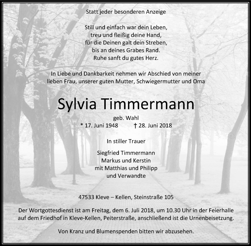  Traueranzeige für Sylvia Timmermann vom 04.07.2018 aus Klever Wochenblatt