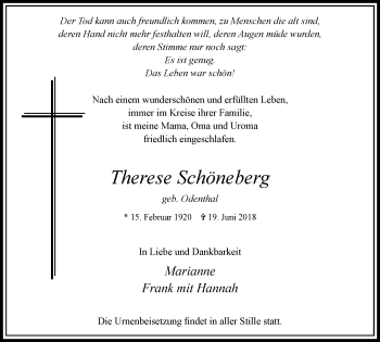 Traueranzeige von Therese Schöneberg von Wochen-Anzeiger Langenfeld/Monheim/Hilden