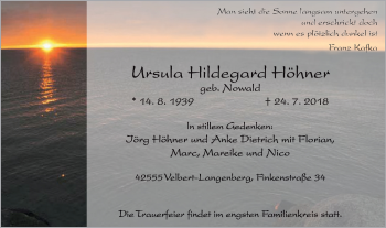 Traueranzeige von Ursula Hildegard Höhner von Stadtanzeiger Velbert + Heiligenhaus